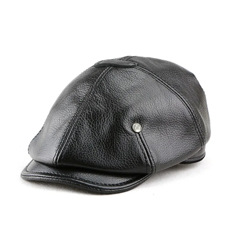Autumn Winter Real Full Grain Cow Leather Octagonal Beret Cap For Men Retro Fashion British Style sboy Hat Artist Visor 240229