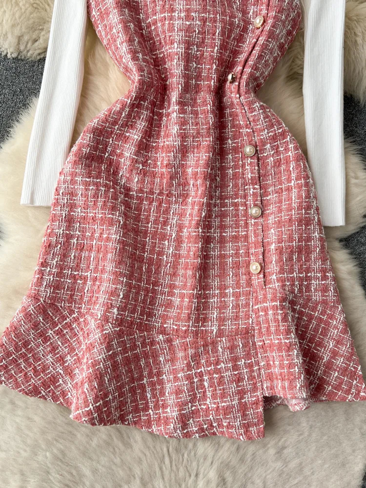 Autumn Korean Fashion Womens 2 Piece Sets Dress Suits White Stretch Sweater And Tweed Strap Mini Dresses Femme Outfits 240223