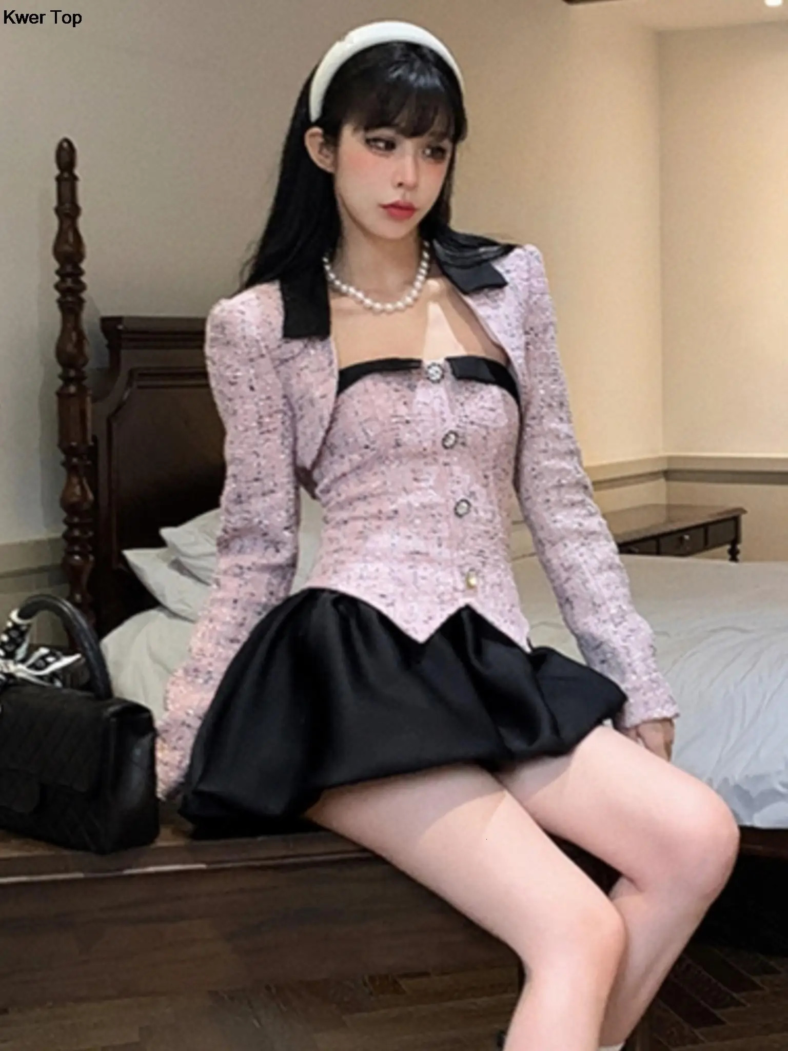 Korean Elegant Tweed 2 Piece Dress Set Black Short Blazer Coat Sweet Y2k Mini Dresses Women Autumn Fashion Suit OL Clothes 240223