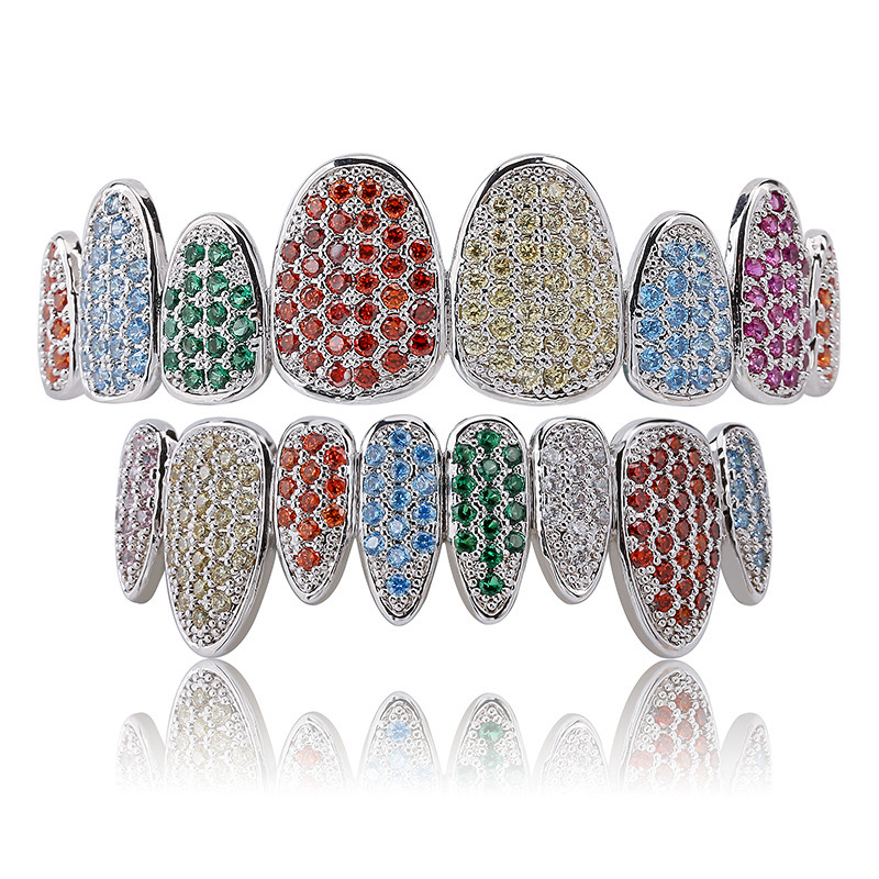 Gold Plated Colorful CZ Vampire Teeth Grillz Iced Out Micro Pave Cubic Zircon 8 Tooth Hip Hop Grill Top Bottom Grillz Teeth Set with Silicon Molding B
