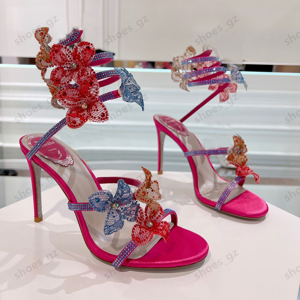 Rene Rhinestone flower decoration sandals caovilla stiletto women evening dress shoes 9.5cm real silk Serpentine Wraparound luxury designer women's high heels 35-43
