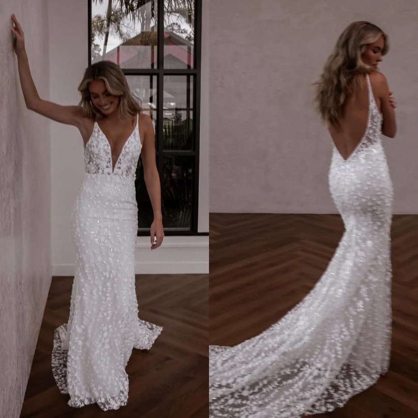 Bohemian Mermaid Wedding Dress Backless Spaghetti V Neck Lace Appliqued Beach Bridal Gown Robe De Mariee For Bride 0914