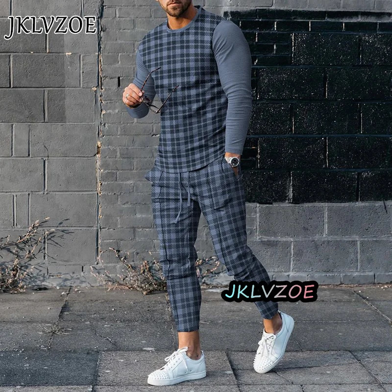 Men T-shirt Long Sleeve Casual Streetwear 2Piece SuitMen Tracksuit Suit Spring Vintage Print Long Sleeve Tshirt 2 Piece Sets 240229
