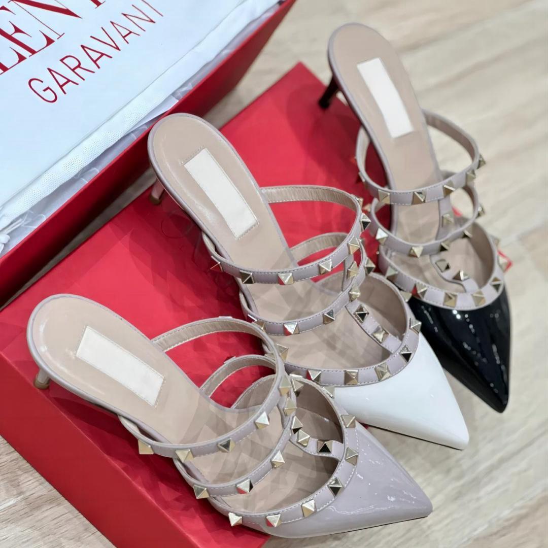 Designer Women's Studded Sandals Wedding Shoes 6cm Stiletto Heels Genuine Leather Pointed Toe Brand Authentic Women's High Heels 35-43