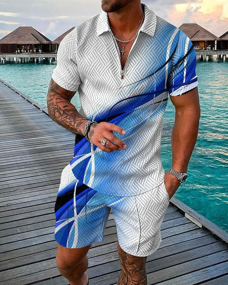 Summer Simple Retro Style Short Sleeved Polo Shirt Beach Shorts 2 Piece Sets Tracksuit Mens 3D Printed Casual Sports Suit 240229