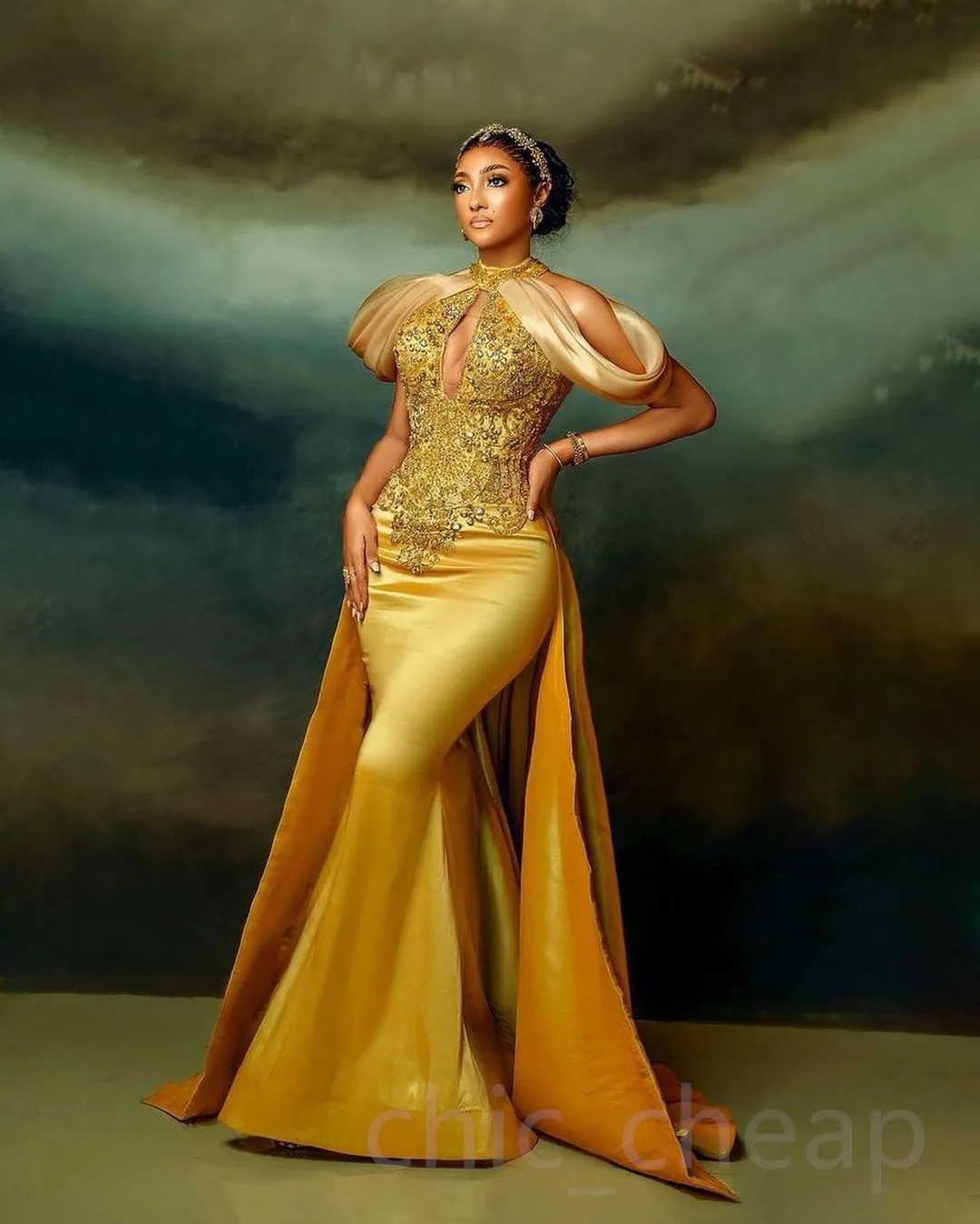 Ebi Arabic Aso Mermaid Gold Prom Dresses Lace Beaded Crystals Evening Formal Party Second Reception Birthday Engagement Gowns Dress 0505 Lz0304