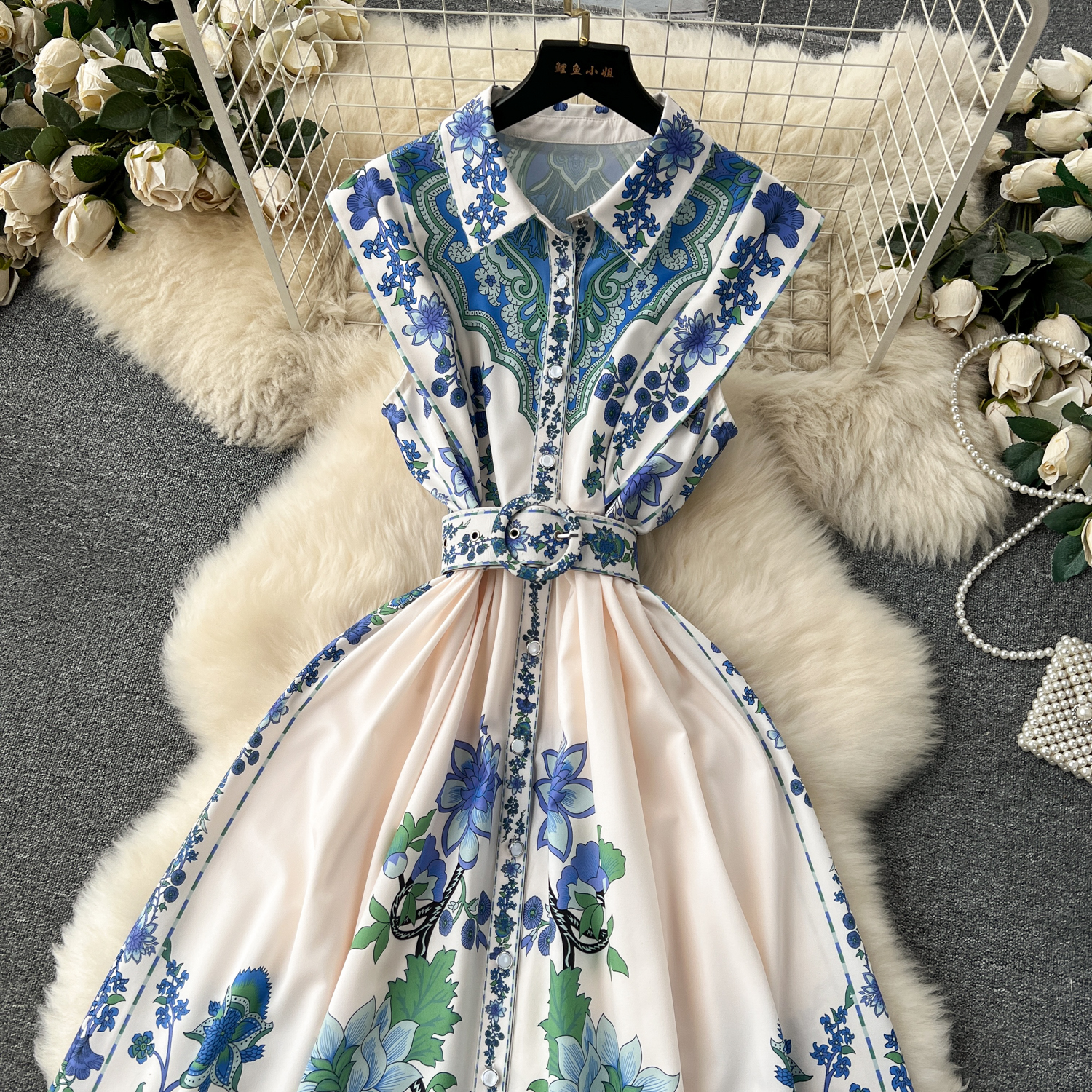 Dresses Summer Elegant Print Ral Long Dress Women's Sleeveless Lapel Single Breasted Belt Tank Beach Party Vestidos Clothings