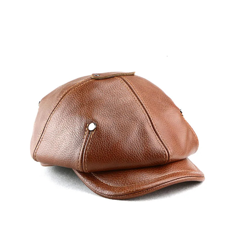 Autumn Winter Real Full Grain Cow Leather Octagonal Beret Cap For Men Retro Fashion British Style sboy Hat Artist Visor 240229