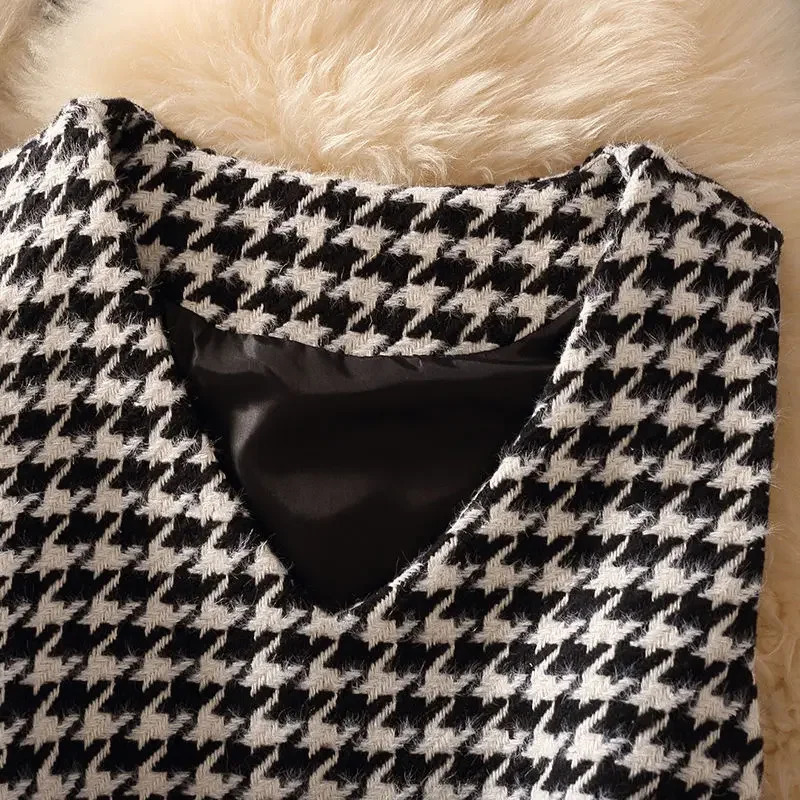 Elegant Kint Tops Dresses 2 Piece Set Vintage Houndstooth Tweed Mini Sleeveless Tank Belt Knitted Sweater Women Dress Outfits 240223