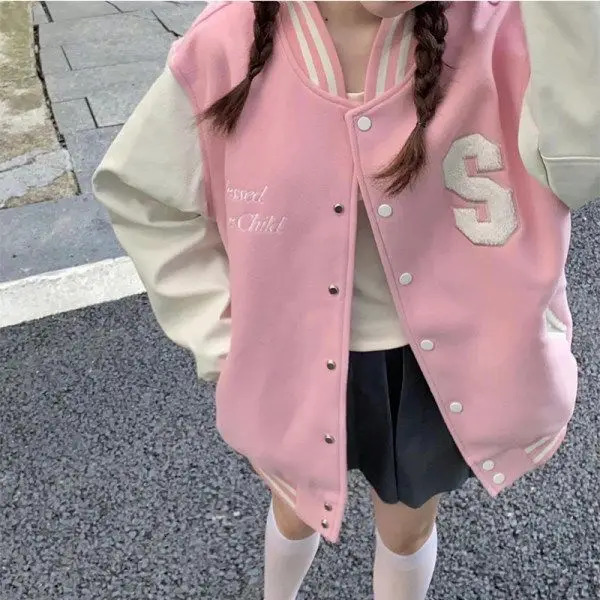 College style plush pink Baseball uniform for women in spring and autumn thickened jacket cardigan lovers 240226