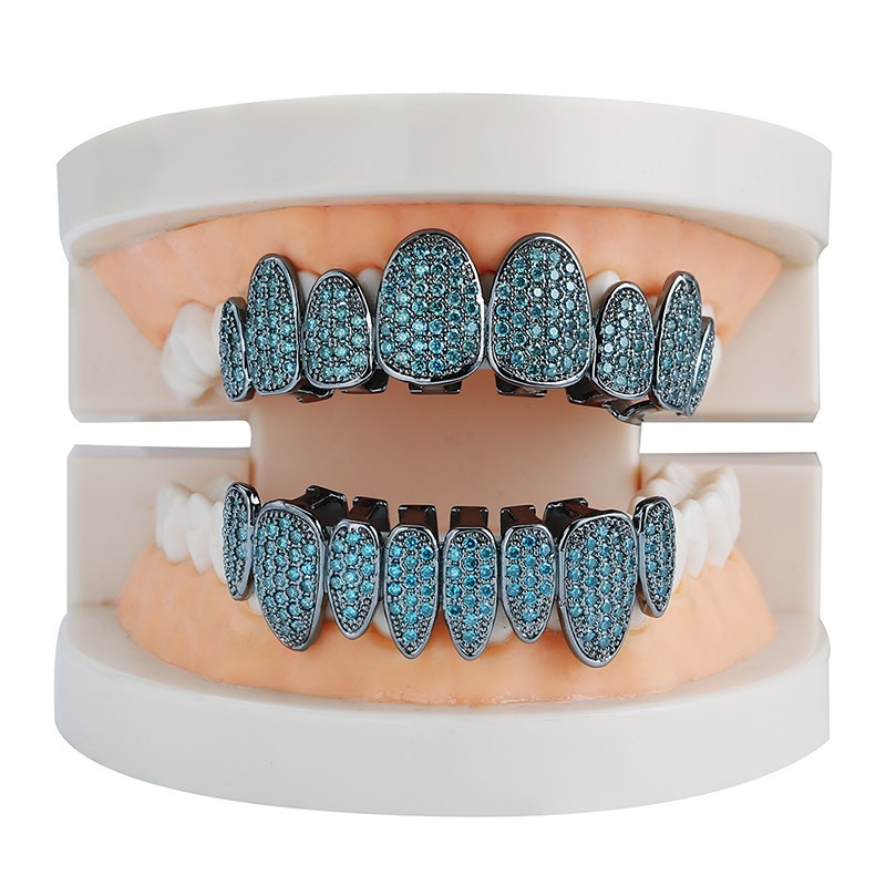 Gold Plated Colorful CZ Vampire Teeth Grillz Iced Out Micro Pave Cubic Zircon 8 Tooth Hip Hop Grill Top Bottom Grillz Teeth Set with Silicon Molding B