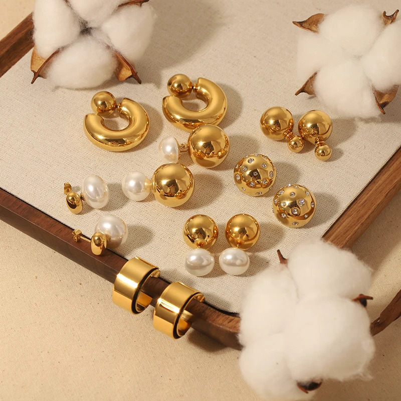 INS Trendy Stainless Steel Plastic Pearl Round Bead Dangle Earring Front Back C Shape Earrings from Women Texture Hoops Jewelry 240227