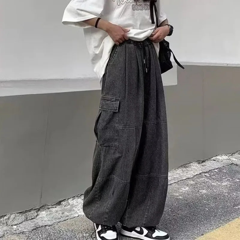 HOUZHOU Y2k Baggy Cargo Jeans for Men Oversize Wide Leg Denim Pants Male Hip Hop Trousers Pockets Streetwear Loose Patchwork 240227