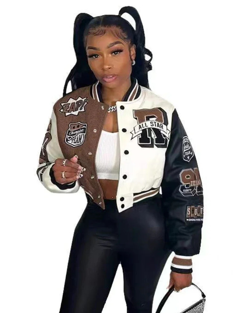 Women Overcoat Casual Letter Print Patchwork Baseball Uniform Jacket Round Neck Button Fall Coat Autumn Winter Short 240219