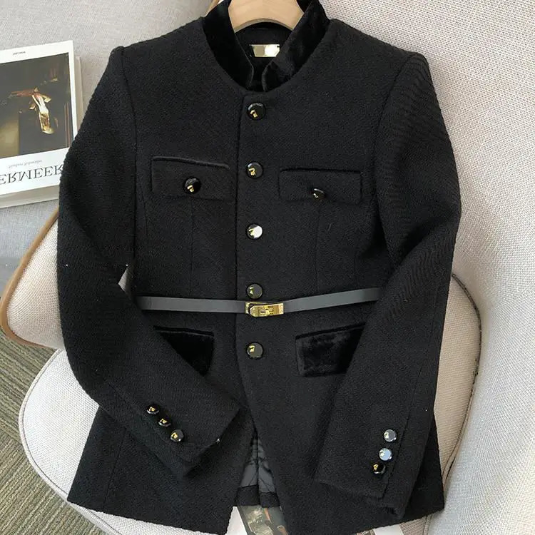Spring Trendy Tweed Jacket for Women Mid Length Single Breasted Coat Vintage Elegant Slim Fitting Autumn Chic Office Blazer 240228
