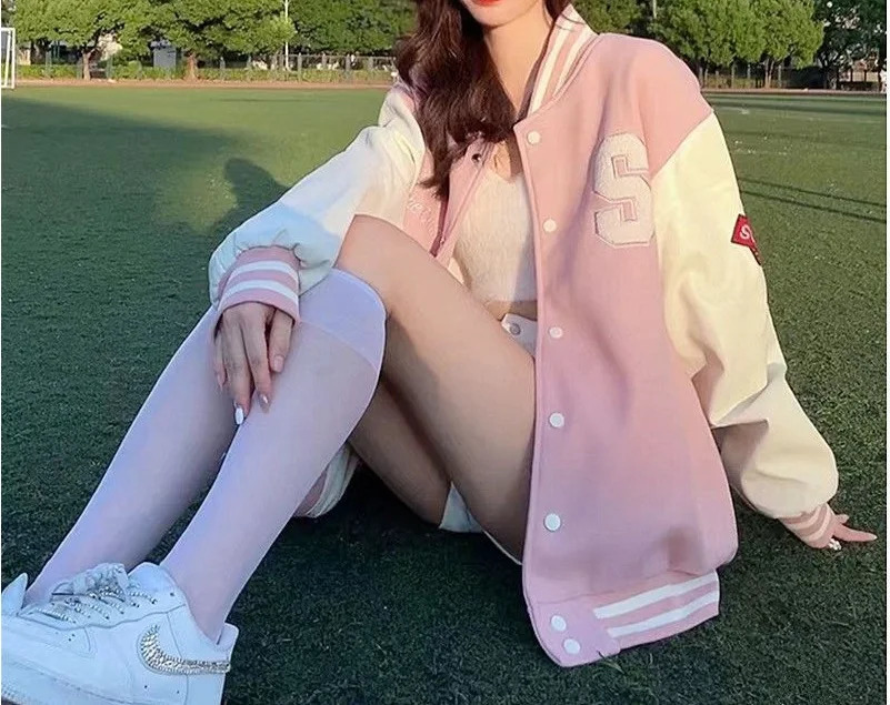College style plush pink Baseball uniform for women in spring and autumn thickened jacket cardigan lovers 240226