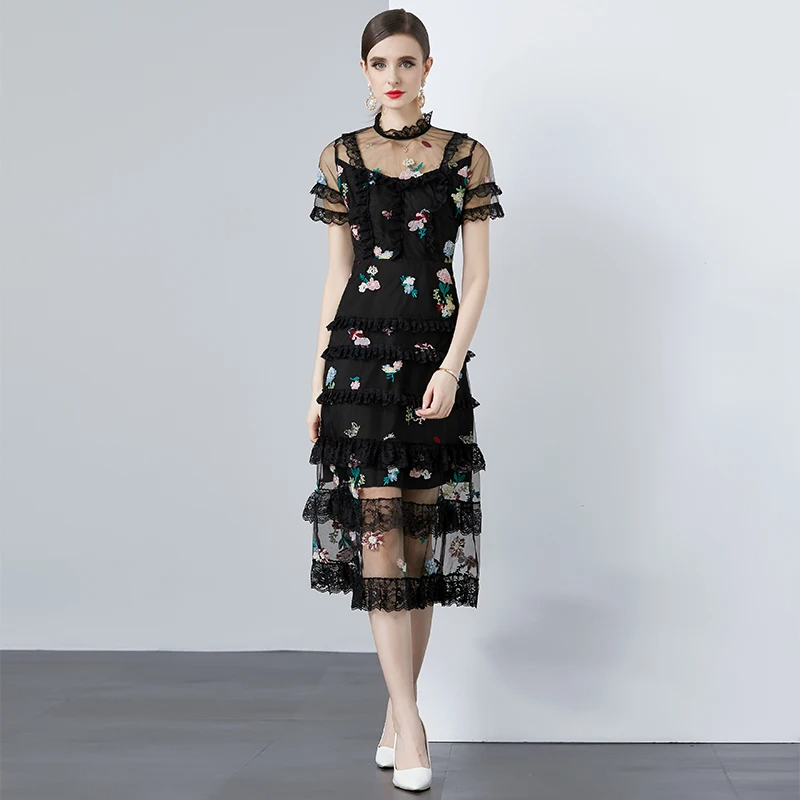 Casual Dresses Runway Vintage Print Midi Dress Womens Turn Down Neck Short Sleeve High Street Slim Casual Party A-Line Shirt Dress 2024