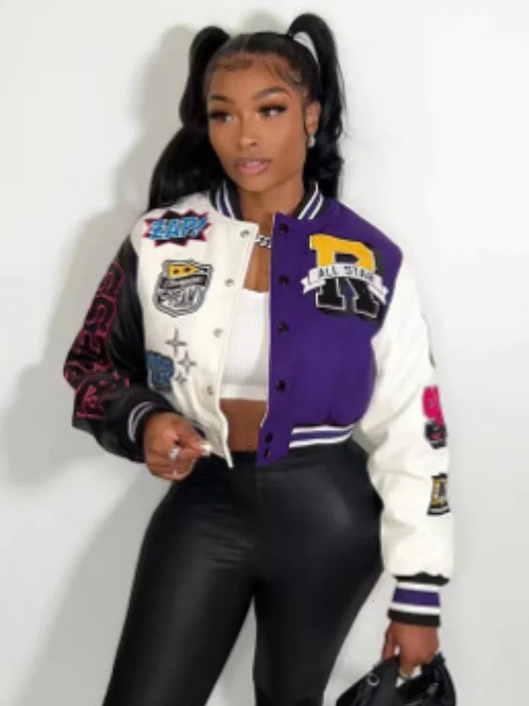 Women Overcoat Casual Letter Print Patchwork Baseball Uniform Jacket Round Neck Button Fall Coat Autumn Winter Short 240219