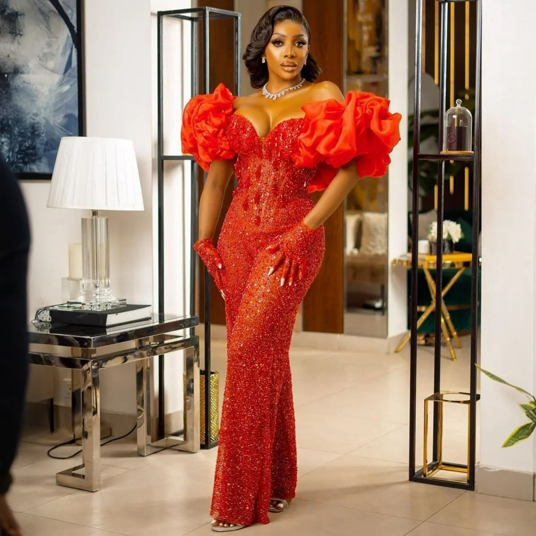African Aso Ebi Plus Size Prom Dresses One-Piece Jumpsuits Off Shoulder Sequined Lace Evening Formal Gowns for Nigeria Black Women Birthday Gowns AM45