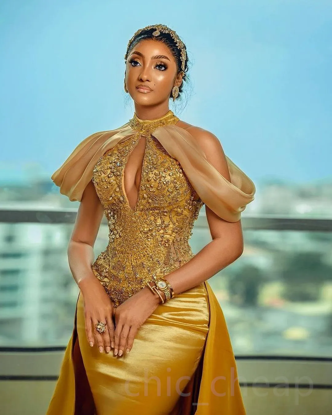 Ebi Arabic Aso Mermaid Gold Prom Dresses Lace Beaded Crystals Evening Formal Party Second Reception Birthday Engagement Gowns Dress 0505 Lz0304