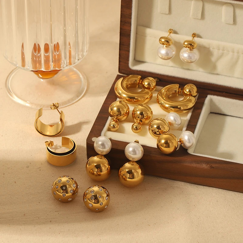 INS Trendy Stainless Steel Plastic Pearl Round Bead Dangle Earring Front Back C Shape Earrings from Women Texture Hoops Jewelry 240227