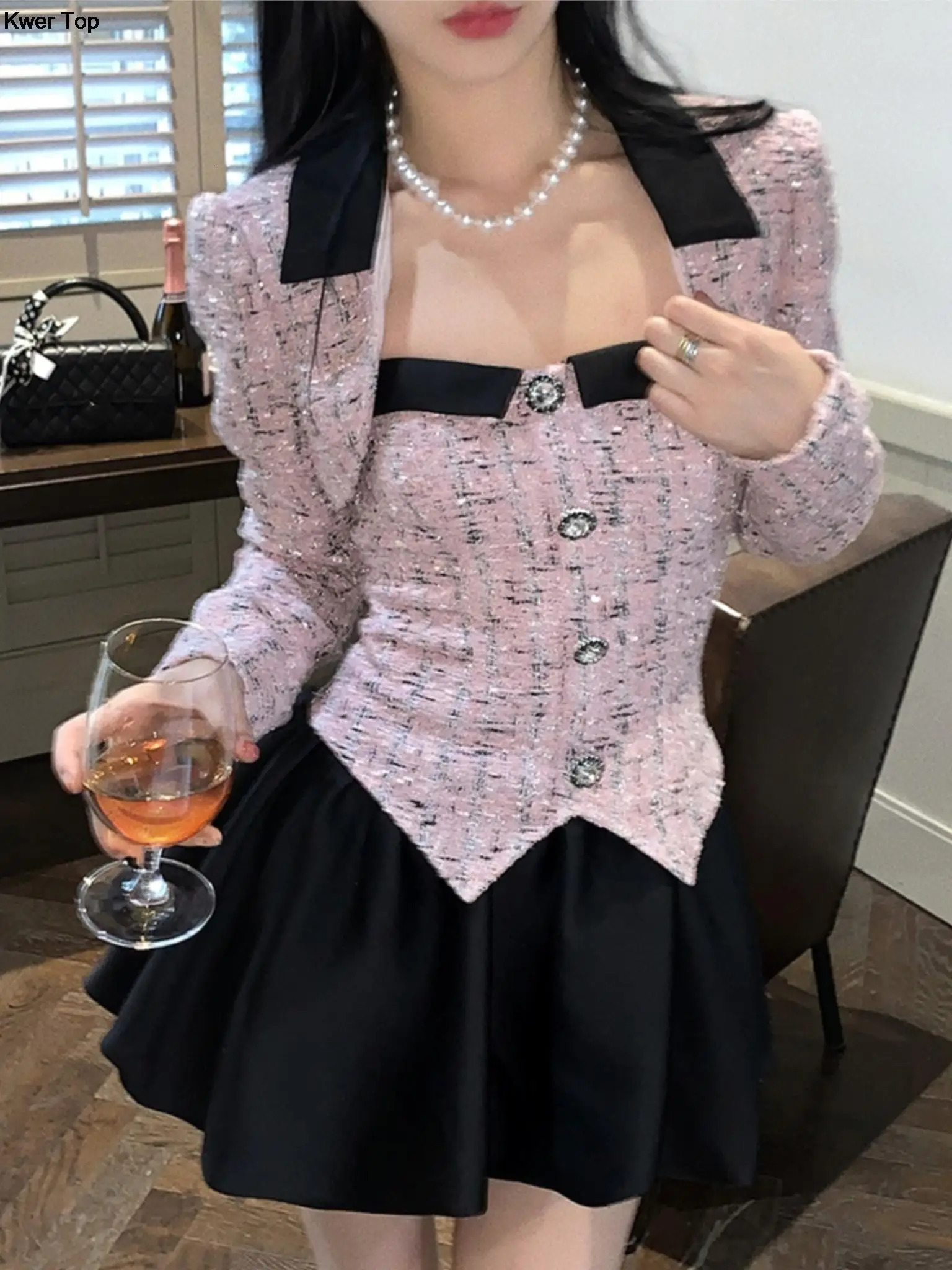 Korean Elegant Tweed 2 Piece Dress Set Black Short Blazer Coat Sweet Y2k Mini Dresses Women Autumn Fashion Suit OL Clothes 240223