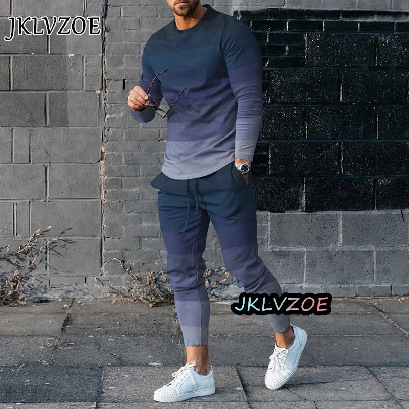 Men T-shirt Long Sleeve Casual Streetwear 2Piece SuitMen Tracksuit Suit Spring Vintage Print Long Sleeve Tshirt 2 Piece Sets 240229