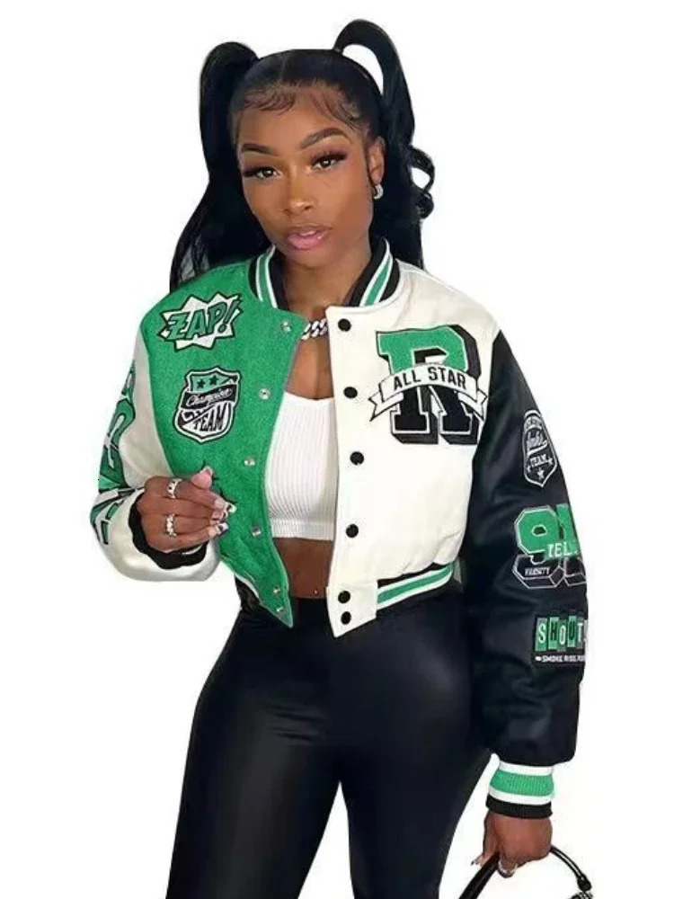 Women Overcoat Casual Letter Print Patchwork Baseball Uniform Jacket Round Neck Button Fall Coat Autumn Winter Short 240219