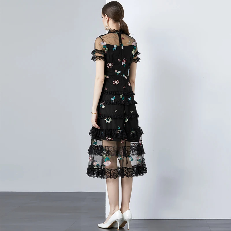 Casual Dresses Runway Vintage Print Midi Dress Womens Turn Down Neck Short Sleeve High Street Slim Casual Party A-Line Shirt Dress 2024