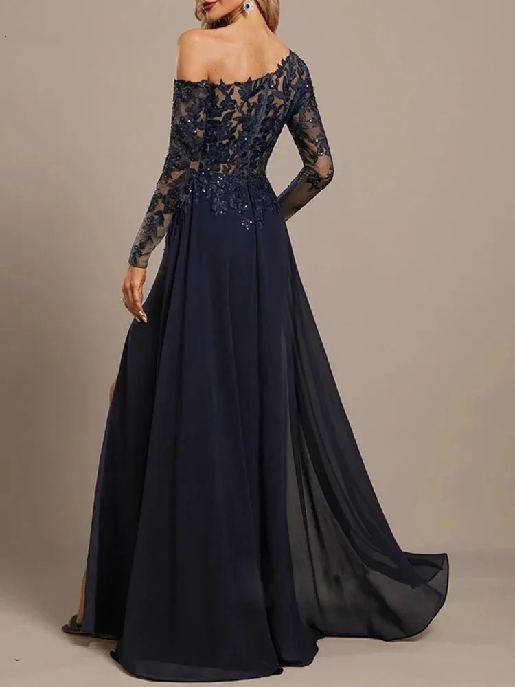 One Shoulder Chiffon Lace Evening Party Dress 2024 Long Sleeves Sit Prom Formal Gown For Bridal Women Vestidos Fiesta Robe De Soiree