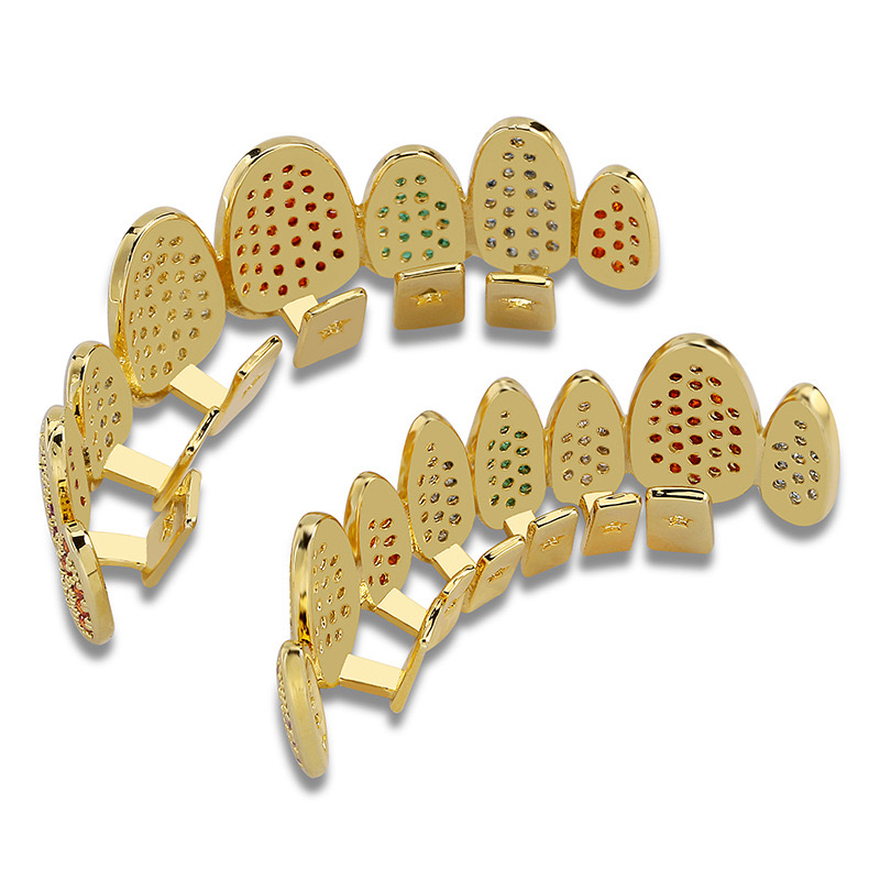 Gold Plated Colorful CZ Vampire Teeth Grillz Iced Out Micro Pave Cubic Zircon 8 Tooth Hip Hop Grill Top Bottom Grillz Teeth Set with Silicon Molding B