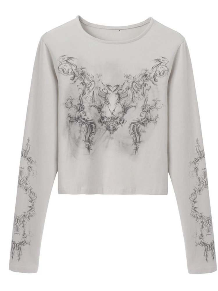 Y2K T Shirts Women Vintage O-neck Tee Ladies Long Sleeve Grunge Print Casual Crop Tops Female Graphic Japanese Streetwear 240228