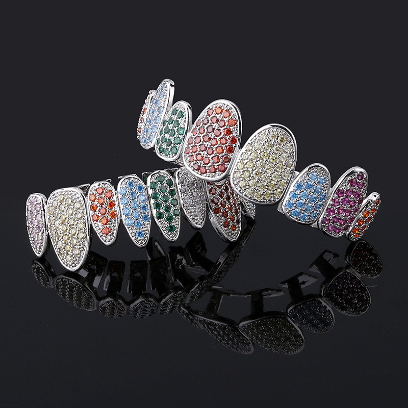 Gold Plated Colorful CZ Vampire Teeth Grillz Iced Out Micro Pave Cubic Zircon 8 Tooth Hip Hop Grill Top Bottom Grillz Teeth Set with Silicon Molding B
