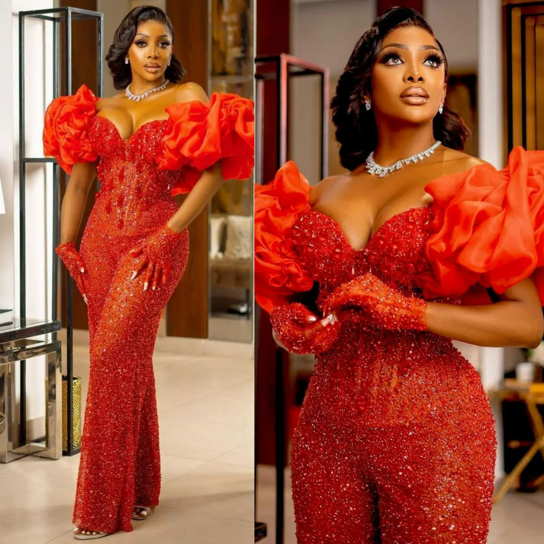 African Aso Ebi Plus Size Prom Dresses One-Piece Jumpsuits Off Shoulder Sequined Lace Evening Formal Gowns for Nigeria Black Women Birthday Gowns AM45