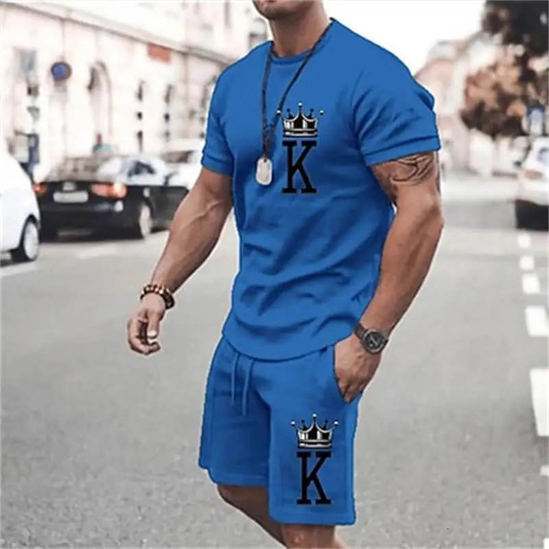 Summer Mens Suit Casual Fashion Printed T-shirt Beach Shorts Suit Mens O-neck T-shirt 2 Pieces Pant Clothes Type Style 240229