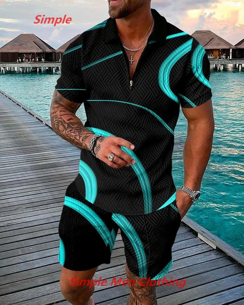 Summer Simple Retro Style Short Sleeved Polo Shirt Beach Shorts 2 Piece Sets Tracksuit Mens 3D Printed Casual Sports Suit 240229