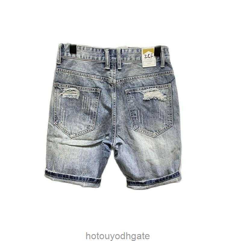 Mens Jeans Wholesale 2021 Korean Fashion Men Casual Beggar Hole Denim Shorts Brand Printed Patch Ripped Short Pants09