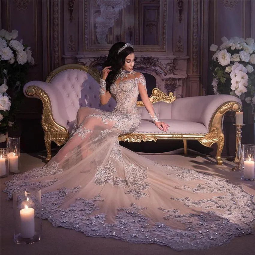 Mermaid Sparkly Wedding Dress Sexy Sheer Bg Beads Lace Applique High Neck Illusion Long Sleeve Champagne Trumpet Bridal Gowns