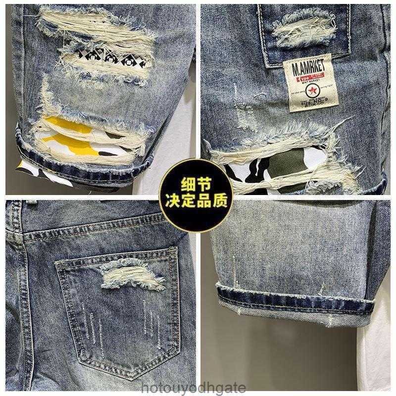 Mens Jeans Wholesale 2021 Korean Fashion Men Casual Beggar Hole Denim Shorts Brand Printed Patch Ripped Short Pants09