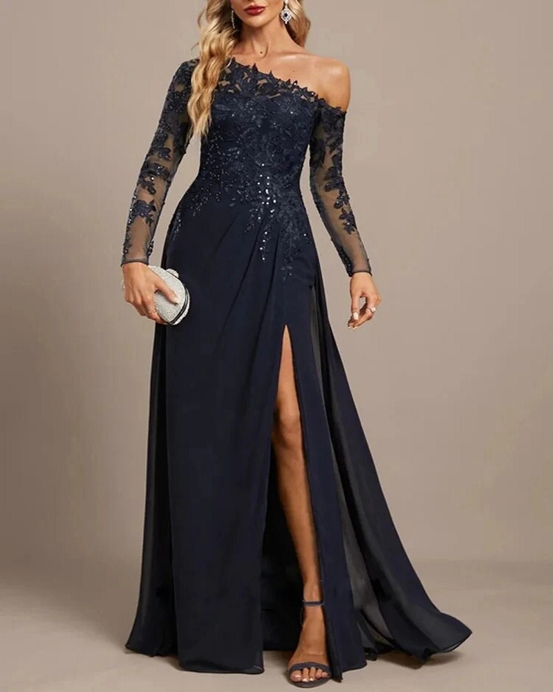 One Shoulder Chiffon Lace Evening Party Dress 2024 Long Sleeves Sit Prom Formal Gown For Bridal Women Vestidos Fiesta Robe De Soiree