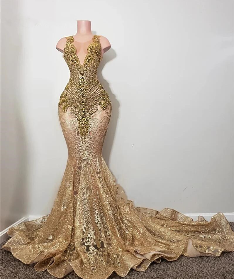 Diamonds Long Gold Evening Dresses Sparkly Beads Rhinestone Crystal Sequins Birthday Party Prom Gown Reception Robe