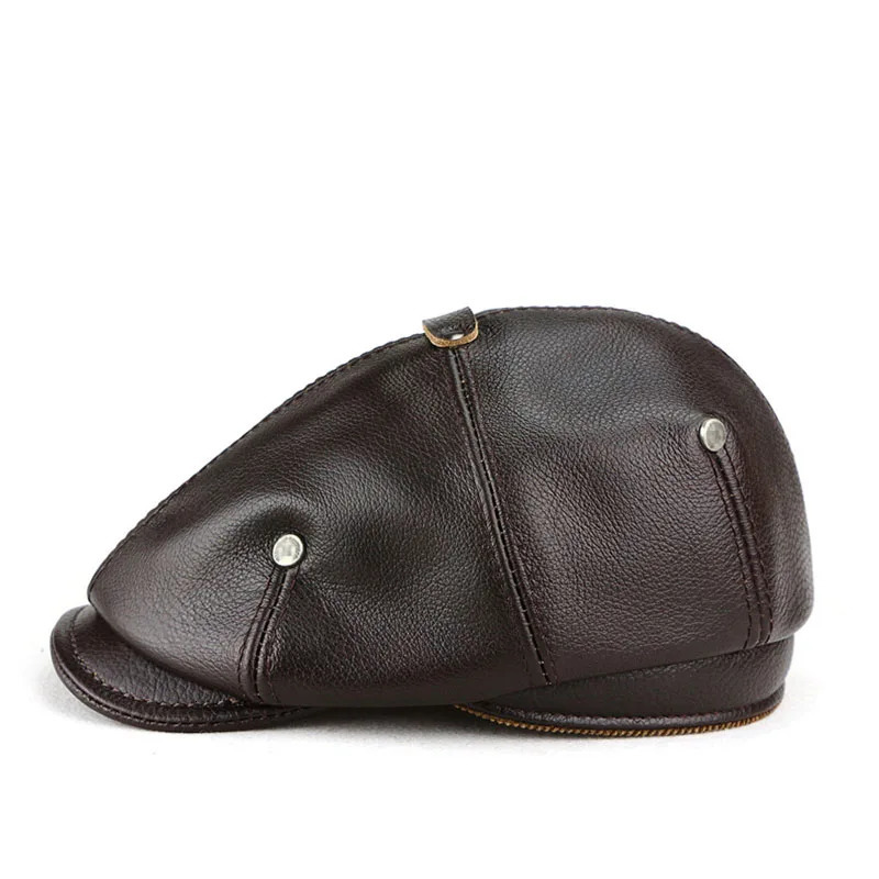 Autumn Winter Real Full Grain Cow Leather Octagonal Beret Cap For Men Retro Fashion British Style sboy Hat Artist Visor 240229