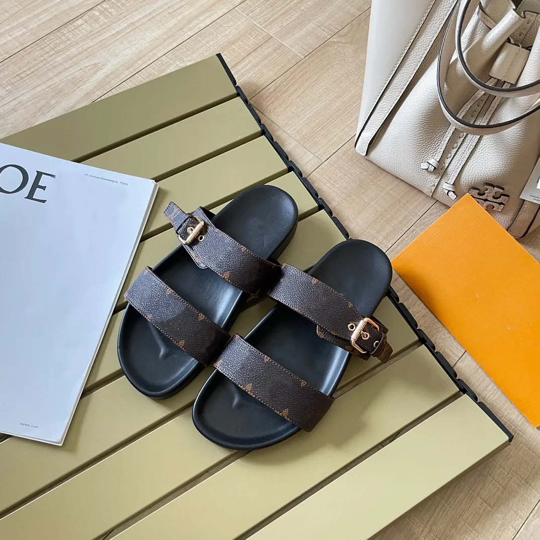 Designer Leather Slippers Womens Platform Sandals Slides Bom Dia Flat Mules Classic Prints Brown 2 Straps With Adjusted Gold Buckles Women Summer Shoes