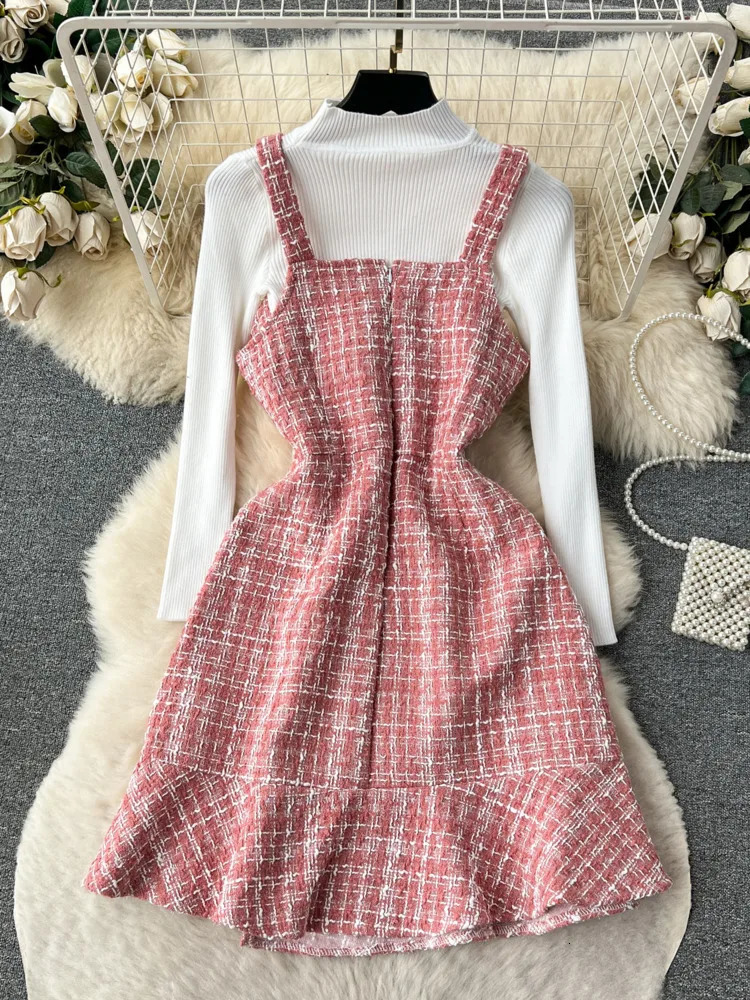 Autumn Korean Fashion Womens 2 Piece Sets Dress Suits White Stretch Sweater And Tweed Strap Mini Dresses Femme Outfits 240223