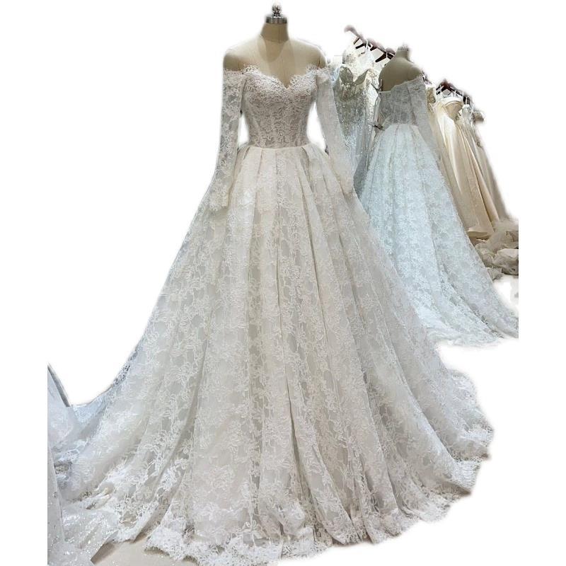 Real Pictures Lace Wedding Dress 2024 New Arrival Long Sleeves Lace-up Back Bridal Gowns Top Quality Floral Lace