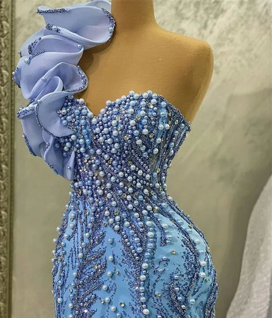 Aso Ebi One Shoulder Prom Dress Pearls Mermaid Sequined Lace Evening Formal Party Second Reception Birthday Engagement Gowns Dress Robe De Soiree