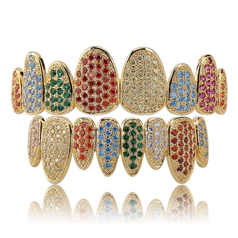 Gold Plated Colorful CZ Vampire Teeth Grillz Iced Out Micro Pave Cubic Zircon 8 Tooth Hip Hop Grill Top Bottom Grillz Teeth Set with Silicon Molding B