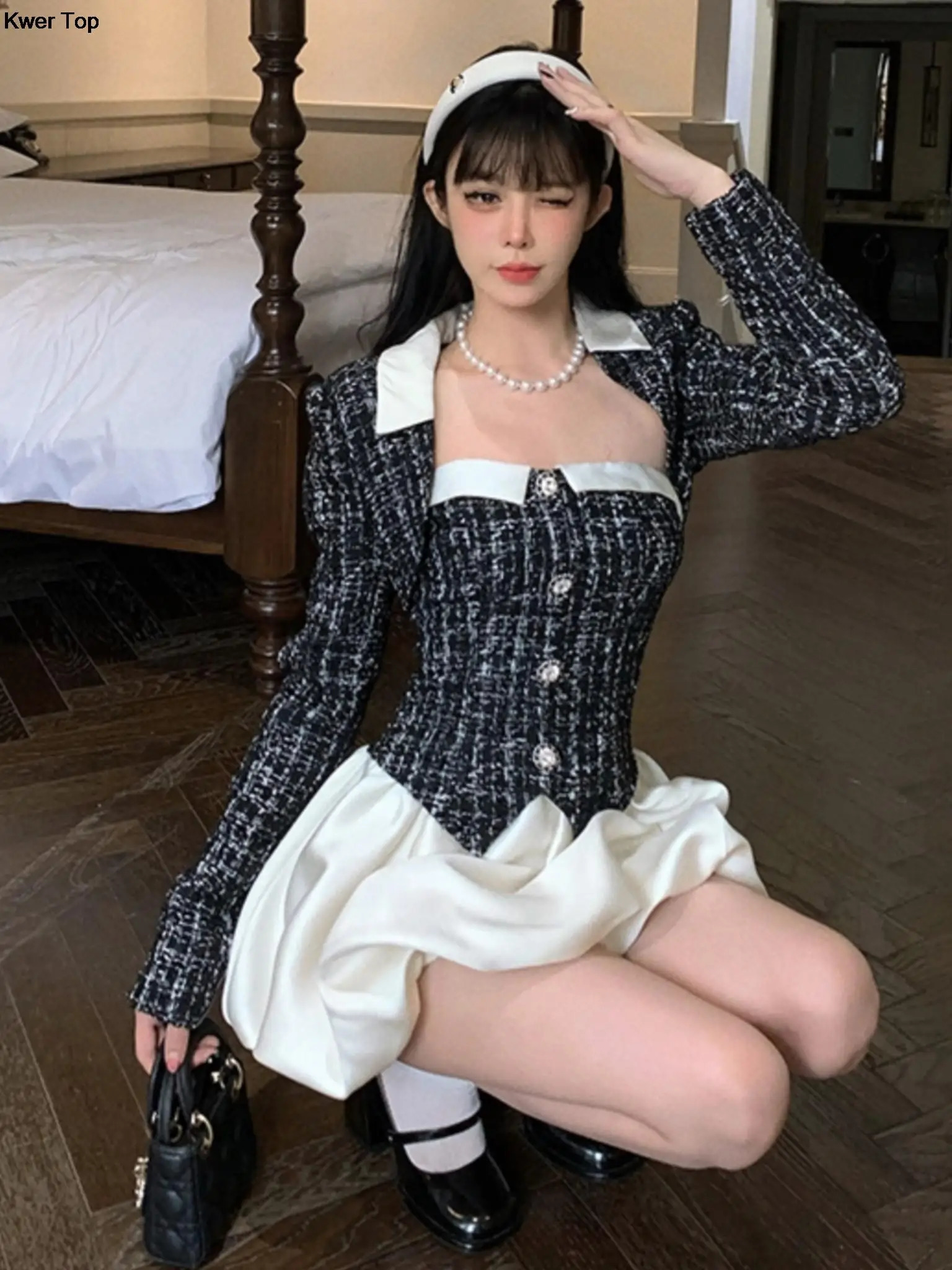 Korean Elegant Tweed 2 Piece Dress Set Black Short Blazer Coat Sweet Y2k Mini Dresses Women Autumn Fashion Suit OL Clothes 240223