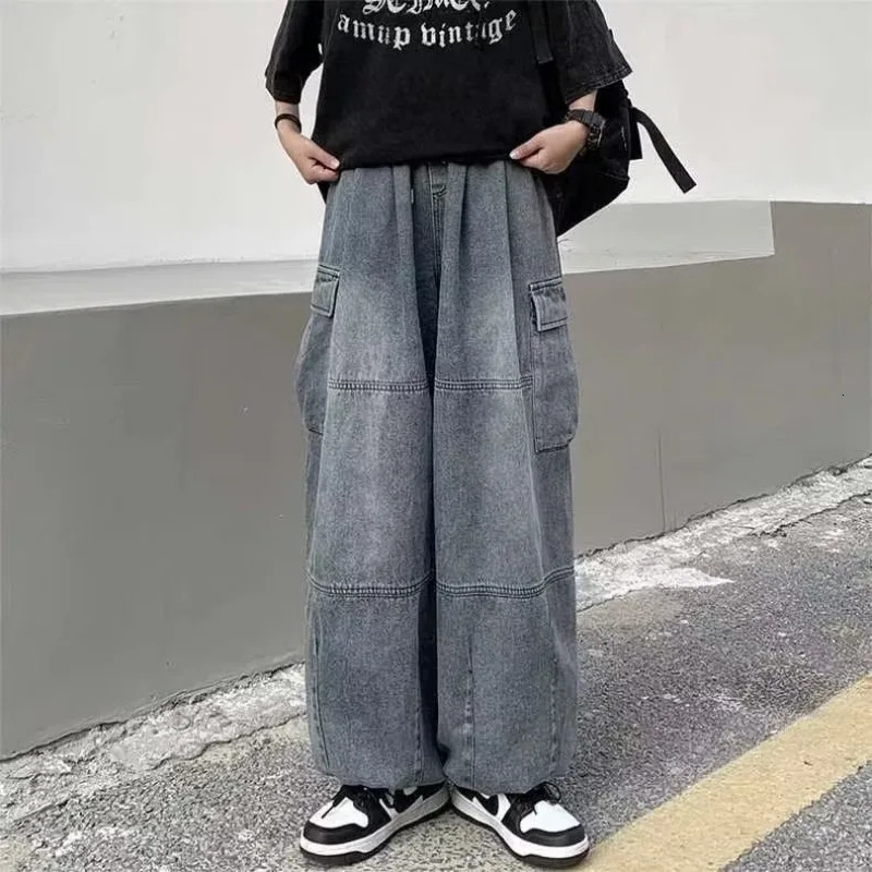 HOUZHOU Y2k Baggy Cargo Jeans for Men Oversize Wide Leg Denim Pants Male Hip Hop Trousers Pockets Streetwear Loose Patchwork 240227