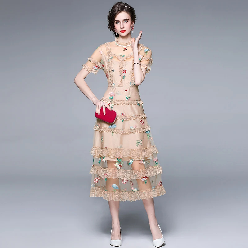 Casual Dresses Runway Vintage Print Midi Dress Womens Turn Down Neck Short Sleeve High Street Slim Casual Party A-Line Shirt Dress 2024